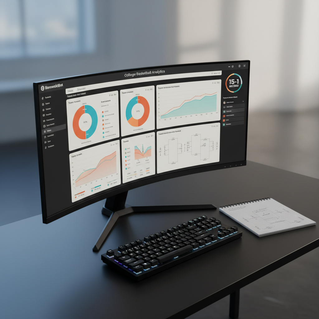 A sleek, ultra-modern workspace with a large, curved widescreen monitor displaying a detailed college basketball analytics dashboard: clean charts, shot maps, and matchup statistics, along with a bold “15-1 Record” badge. A high-end mechanical keyboard and graph-paper notebook with neatly drawn brackets sit on a matte black desk. Cool, soft studio lighting from the left casts gentle reflections on the monitor’s edge and creates precise shadows under the accessories. The background fades into a tasteful blur of neutral tones. Photographic realism, eye-level composition, and a minimalist, professional mood emphasize rigorous analysis and trustworthy betting insights from BorowskiBot’s system.